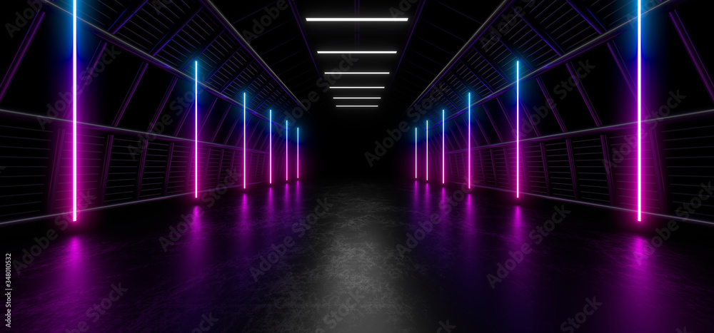 Wall mural a dark tunnel of pipes illuminated by colored neon lights and lamps. blurred reflection on the floor