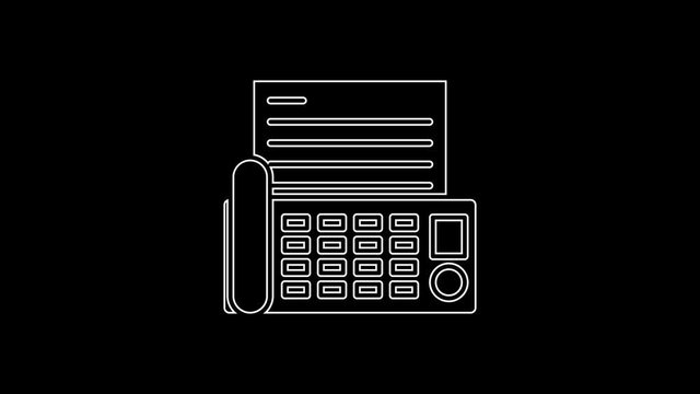 White line Fax machine icon isolated on black background. Office Telephone. 4K Video motion graphic animation