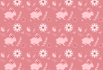Cute seamless pattern with rabbit cartoon and flower background