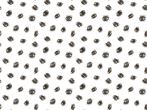Seamless pattern of magical all-seeing eyes turned in different directions in black and brown colors on a white background. Hand drawing. Occult texture for esoteric design, fabric, wallpaper. Vector.