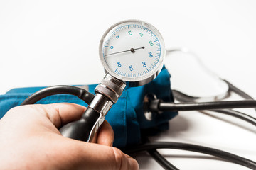 medical Instrument for measuring blood pressure close up on white background
