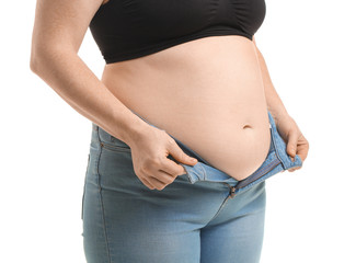 Overweight woman on white background, closeup