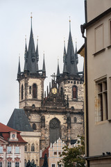 Obraz premium Prague Cathedral seen from below, in Old Town. Also called The Church of Mother of God before Tyn, or chram matky bozi pred tynem, it is a major landmark of the Czech capital