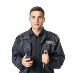 Male security guard with flashlight on white background