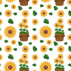 Seamless pattern with cute sunflowers and leaf