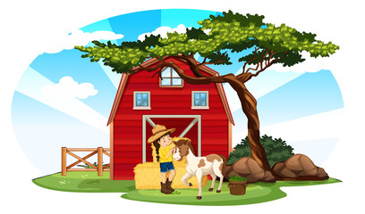 Obraz na płótnie Canvas Farm scene with farmer and pony on the farm