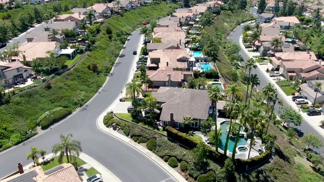 Aerial view of master-planned private communities, large-scale weatlhy residential neighborhood, big villa with swimming pool, Mission Viejo, California, USA