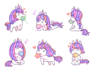 Kawaii cute unicorn friends with sweet lollipops pastel color, comic style set vector