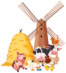 Farm scene with farm animals and barn