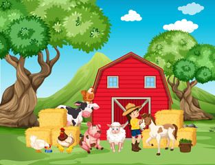 Obraz na płótnie Canvas Farm scene with farmer and many animals on the farm