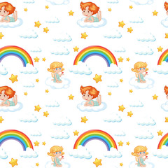 Seamless cute angel with rainbow and star pattern