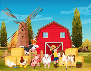 Farm scene with windmill and animals on the farm