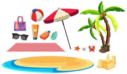 Summer set with beach items on white background