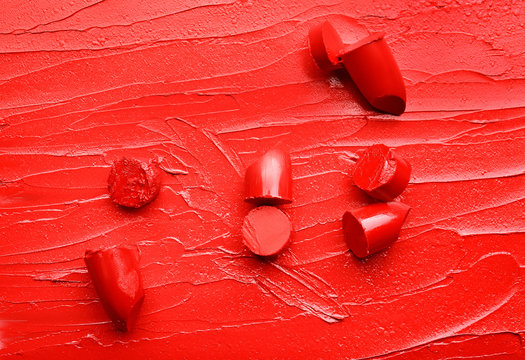 Bright Red Lipstick With Pieces, Closeup