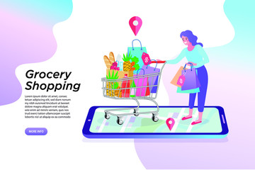 Online grocery shopping concept. Order food online using smartphone. Mobile App. Vector flat illustration.