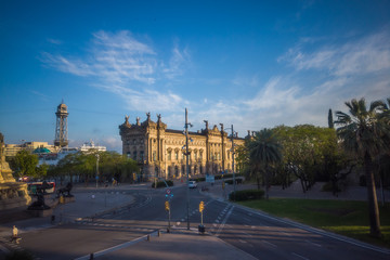 Fototapeta premium Barcelona. Aerial view in Drassanes Avenue with Colon statue from the Ramblas street