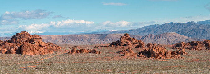 Panoramic view of the rock formations in the Valley of Fire State Park in Nevada.