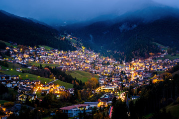 Ortisei cityscape during twilight