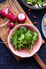 Fresh green rucola herb leaves sprouts and radish for salad