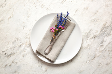 Beautiful table setting on light background