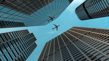 Fototapeta na wymiar Airplane flies over skyscrapers in modern city