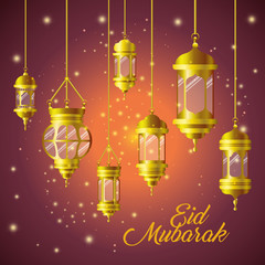 Eid mubarak gold lanterns with stars shining vector design