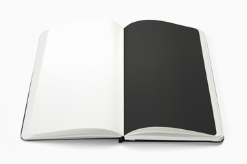 Opened book with blak pages isolated on white. 3d illustration to showcase your artwork presentation.