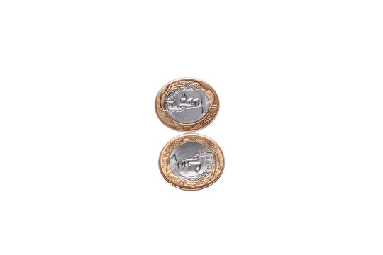 BRAZILIAN MONEY COINS PHOTOGRAPHED IN WHITE BACKGROUND