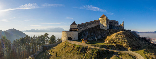 Aerial drone panoramic view of Historical fortress in Risnov or Rasnov. Romania
