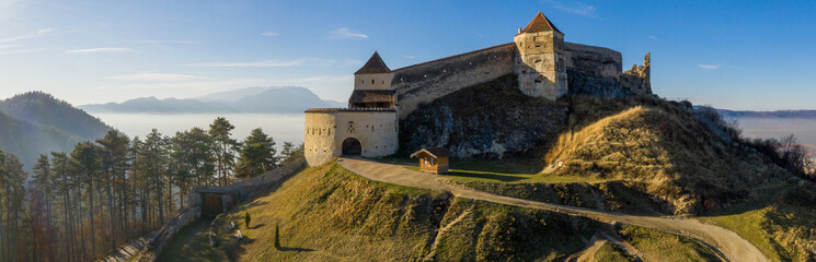 Aerial drone panoramic view of Historical fortress in Risnov or Rasnov. Romania - obrazy, fototapety, plakaty