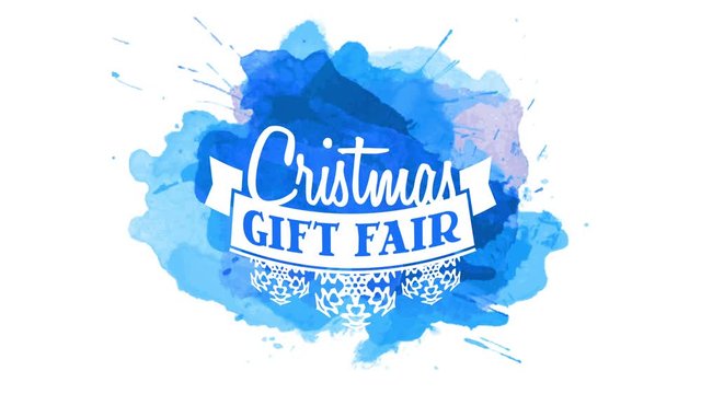 merry christmas gift fair promotion ad with white embroidered snowflakes under ribbon on blue watercolor background