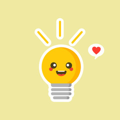 Cute smiling happy light bulb have idea. Vector modern flat style cartoon character illustration. Isolated on color background. Idea concept
