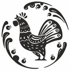 Rooster folk graphics. The style of Russian historical painting. Vector black and white graphics. Silhouette Boretskaya painting