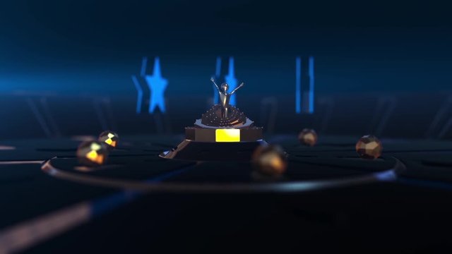 Golden 3D award with a star background movement and Close camera.
