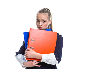 Portrait of Caucasian Teenager Girl Posing With Office Coloful Folders Against White Background