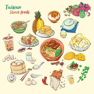 Hand draw Taiwan's street food illustration. Colorful vector food painting.  Street foods and desserts, include Bubble Tea, Shaved Ice, and Pineapple Cake, Beef Noodles, Intestine, and Oyster Verm.