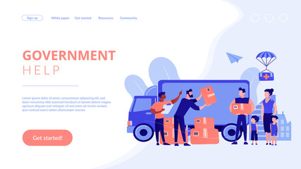 Team of volunteers giving help boxes to refuges and humanitarian aid van. Humanitarian aid, material assistance, governmental help concept. Website vibrant violet landing web page template.