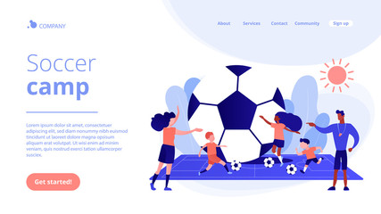 Kids learning to play soccer with balls on the field in summer camp, tiny people. Soccer camp, football academy, kids soccer school concept. Website homepage landing web page template.