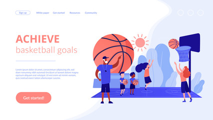 Coach teaching and kids practicing basketball in summer camp, tiny people. Basketball camp, NBA academy, achieve basketball goals concept. Website homepage landing web page template.