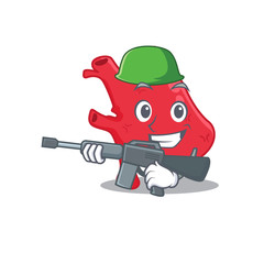 A cartoon picture of heart in Army style with machine gun