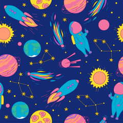 Outer space seamless pattern with astronaut, planets, constellations and other cosmic objects. Colorful design for prints on paper, fabric and clothes. Vector illustration in cute cartoon style