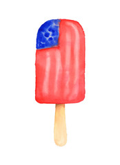Flag design ice cream, lolly, Popsicle stick brush paint with red and blue watercolor on paper. Illustration art isolated on white with path. Food concept, festival celebration, independence day. 