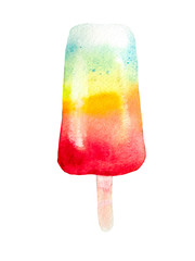 Colorful hand drawn and brush paint watercolor rainbow popsicle, icecream. Isolated illustration on white background.