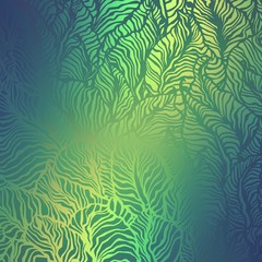 Iridescent leaves pattern of green blue yellow hologram background.