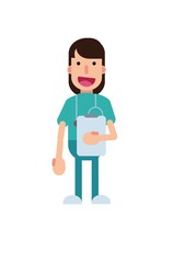 female doctor in blue uniform holding a document