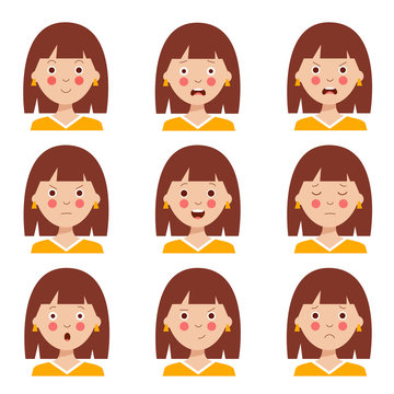 Set of various facial expressions of cute cartoon brown haired girl.