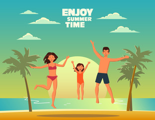 Happy family jumping on a sandy beach. Travel, vacation, holidays and adventure vector concept illustration. Beach sunset background. Poster design style. Father, mother and daughter
