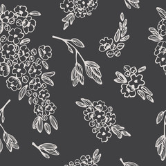 Seamless pattern with hand drawn blooming tree branches on a dark background. Doodle, simple outline illustration. It can be used for decoration of textile, paper and other surfaces.