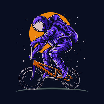 Astronaut Riding Bmx Bike On Space With Moon Background Vector Illustration Design