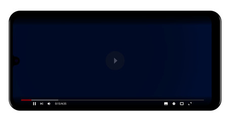 realistic dark blue smartphone with multimedia player screen template. Layout of a live streaming window in video playback mode. Vector
